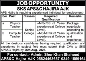 Teacher jobs at Army Public School APS Hajira